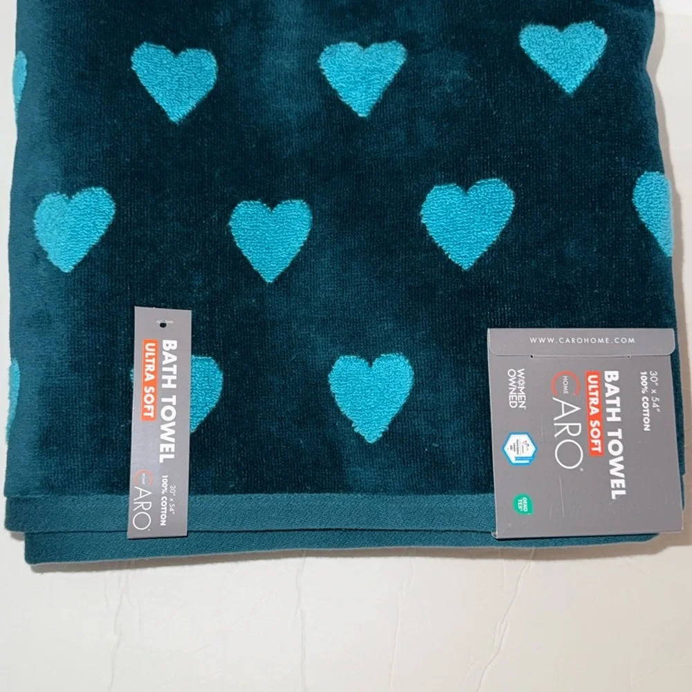 NWT Caro 6 Piece Ultra Soft Cotton Bath Towel Set Teal with Raised Hearts